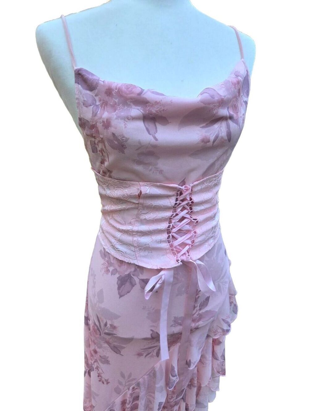 Pink Floral Cami Midi Dress Corset Waist Ruffled Slit Fairycore Garden Medium - Picture 3 of 8